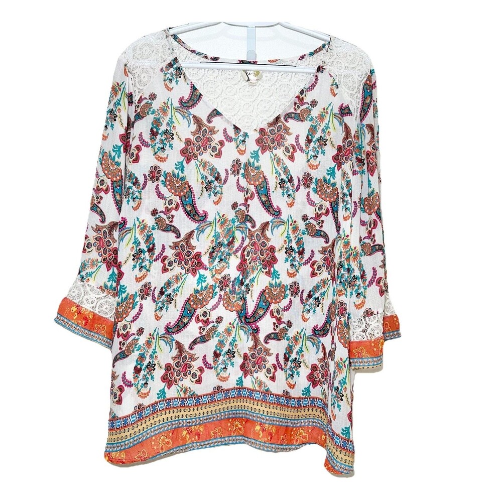 Fig & Flower Boho Paisley Lace Blouse 3X Plus Floral Top